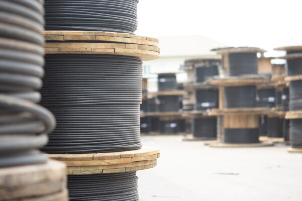Wooden,coils,of,electric,cable,outdoor.,high,and,low,voltage